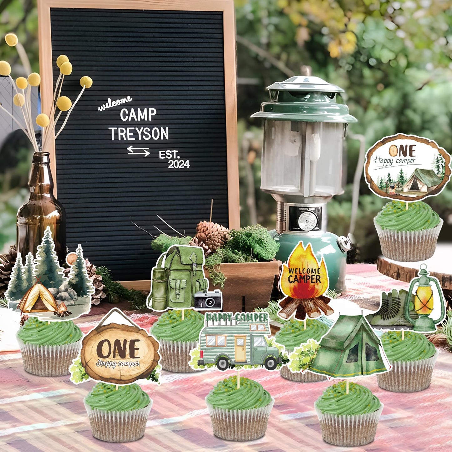 One Happy Camper Cake Topper - Joybileefun 36Pcs One Happy Camper Birthday Decorations Cupcake Toppers Woodland Camping Themed P