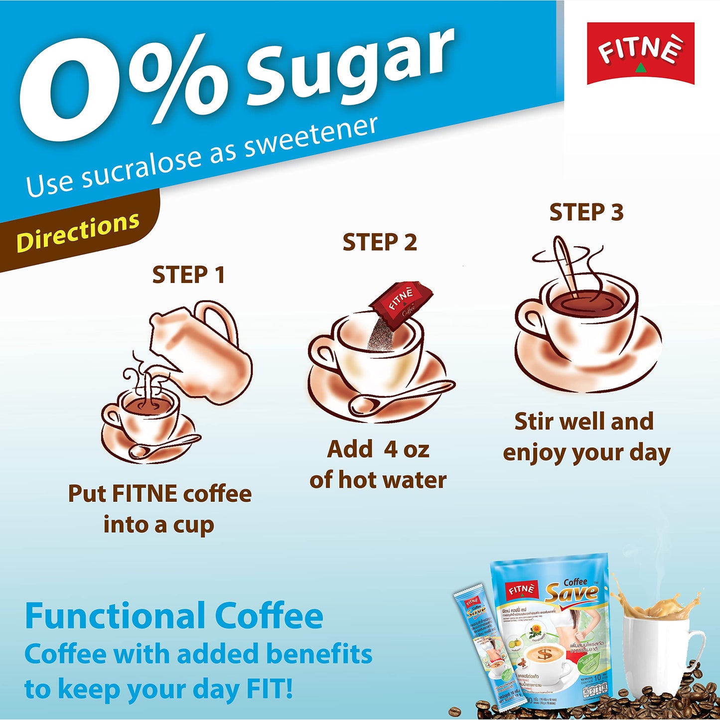 FITNÈ Instant 3 In 1 Coffee Packets with Herbs, Cinnamon & Garcinia, 10 Count, No Sugar, Spice Latte Blend