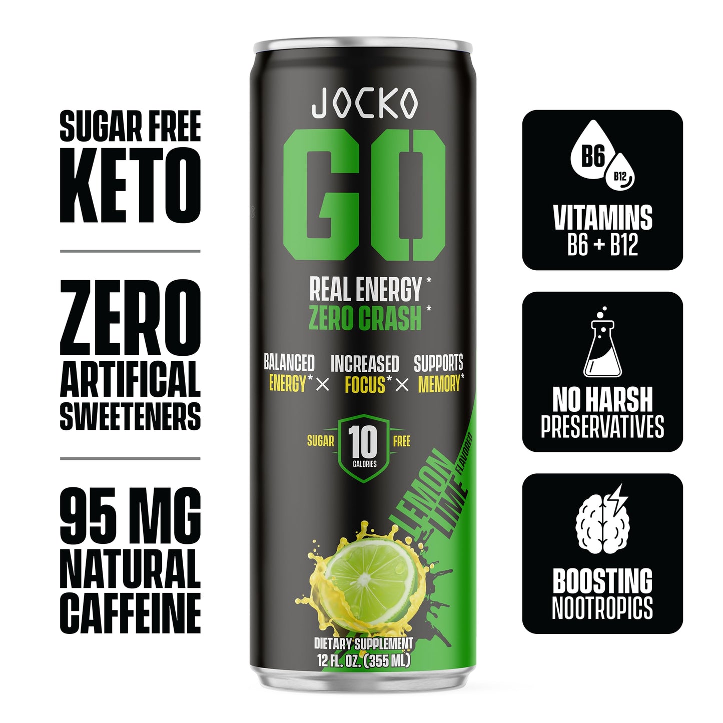Jocko GO Energy Drink - KETO, Vitamin B12, Vitamin B6, Electrolytes, L Theanine, Magnesium- All Natural Energy Boost, Sugar Free
