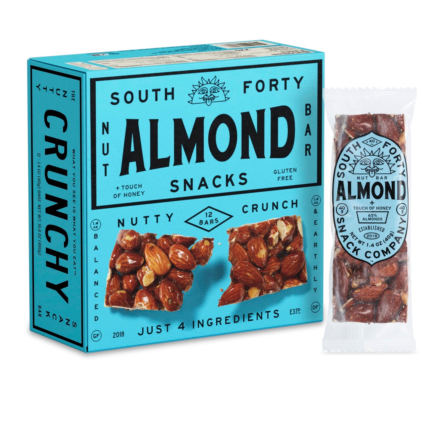 SOUTH FORTY SNACKS Almond Bar, Extra Crunchy Nut Snack, 6g Protein, 40g Bar, Pack of 12