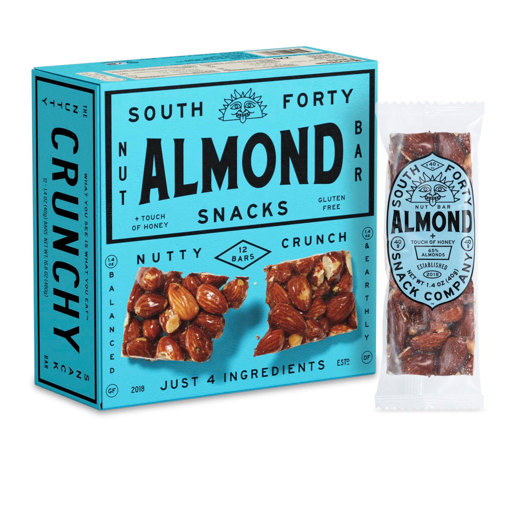 SOUTH FORTY SNACKS Almond Bar, Extra Crunchy Nut Snack, 6g Protein, 40g Bar, Pack of 12