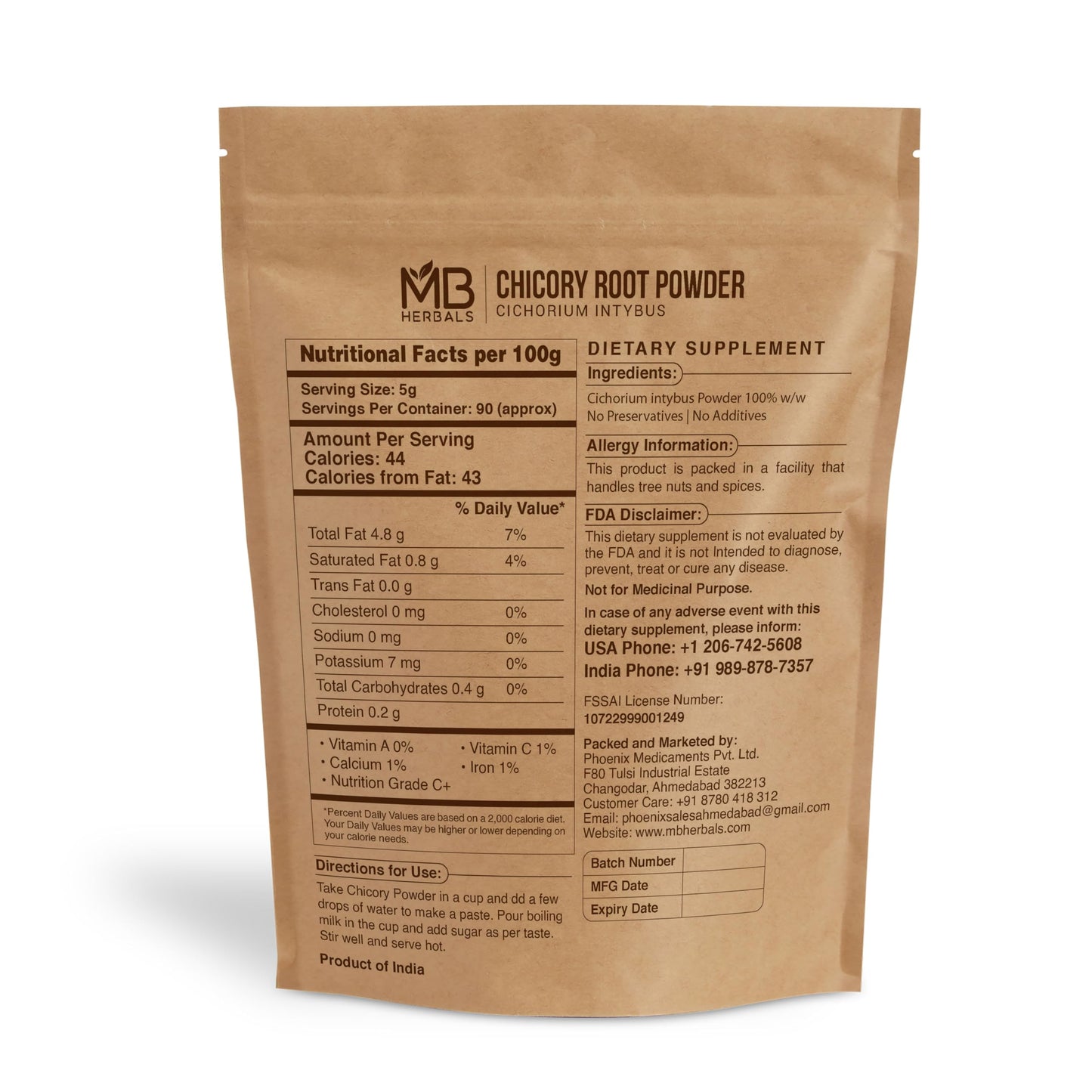 MB Herbals Instant Chicory Root Powder 1 lb / 16 oz (454 Gram) | Roasted | Non-GMO | Gluten Free | Dissolves Instantly in Hot Water or Milk