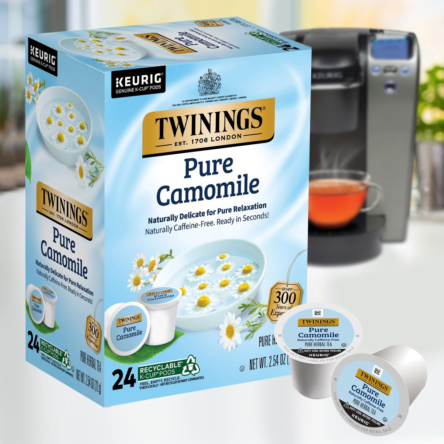 Twinings Pure Camomile Herbal Tea K-Cup Pods For Keurig Malt-Inspired, 24 Count (Pack Of 2) – Naturally Caffeine-Free, Made With 100% Camomile Blossoms – Relaxing Hot Or Iced Herbal Tea