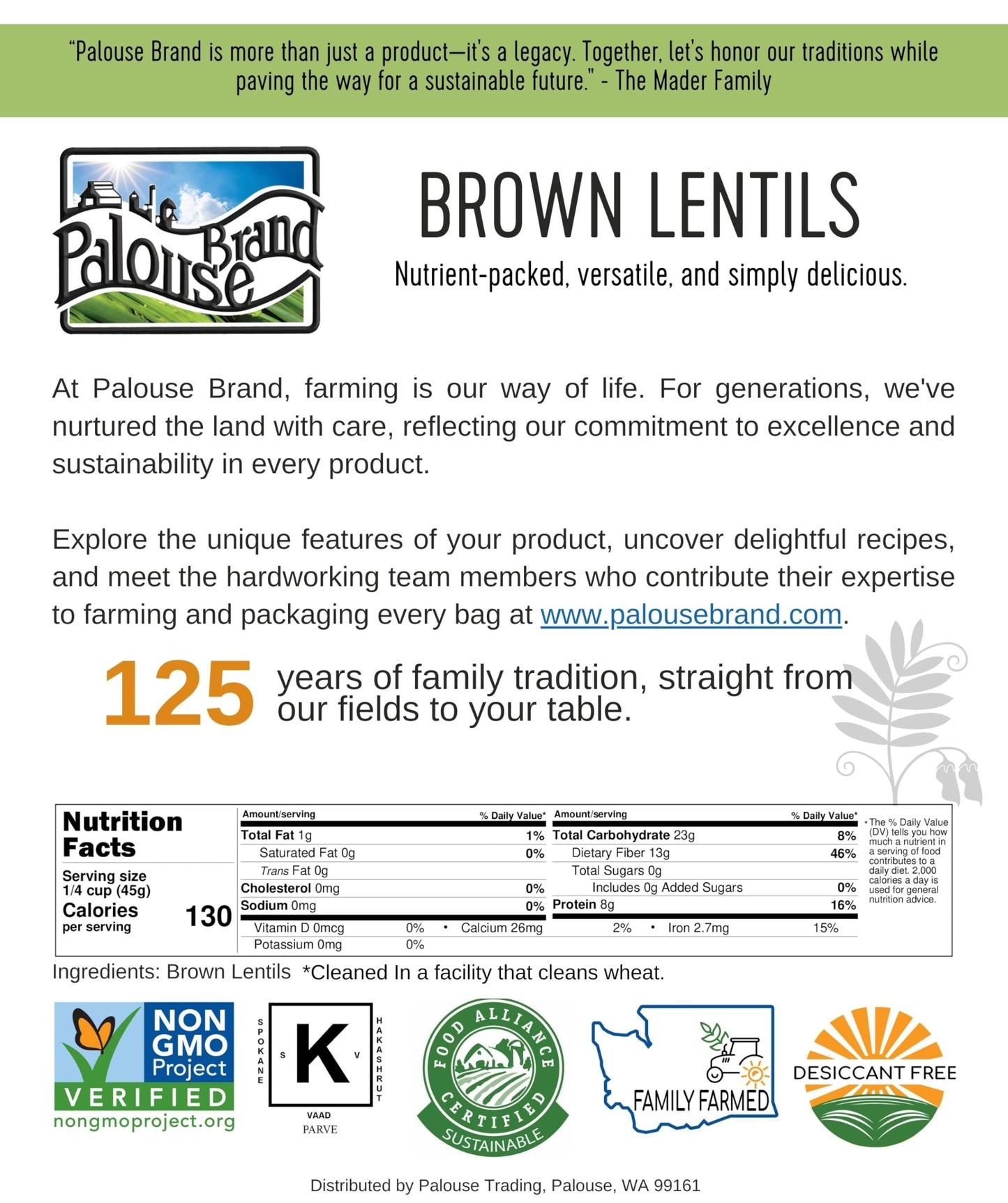 Palouse Brand Small Brown Dry Lentils | 18 lbs | Certified Glyphosate Residue Free | Non-GMO | Kosher | Family Farmed in Washington State