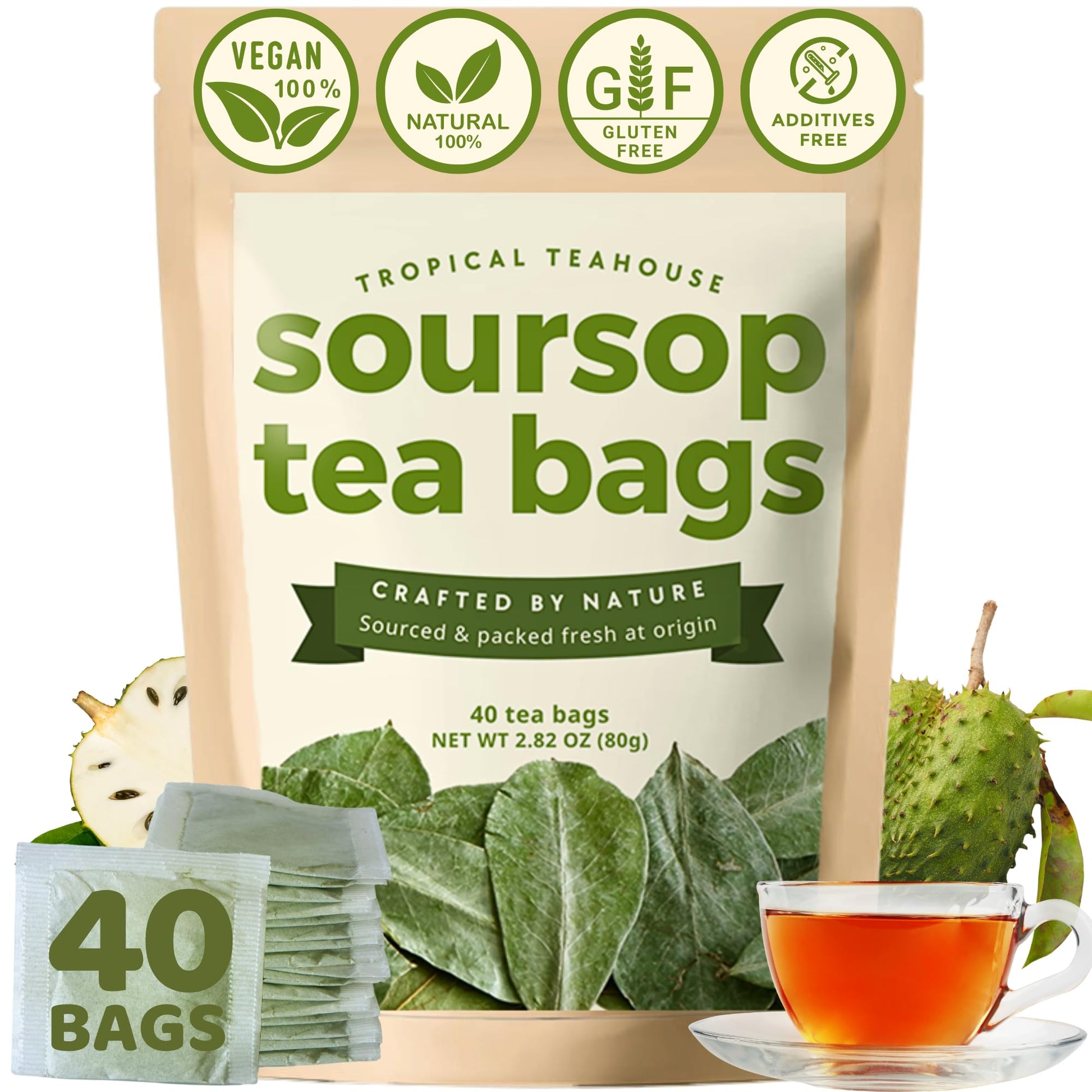 Tropical Teahouse Soursop Leaves Tea Bags - 40 Bags (2.82oz) - Natural, Gluten Free, Caffeine Free, Eco-conscious Packaging