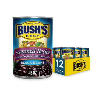 BUSHS BEST 15 oz Canned Seasoned Recipe Black Beans, Source of Plant Based Protein and Fiber, Low Fat, Gluten Free, (Pack of 12
