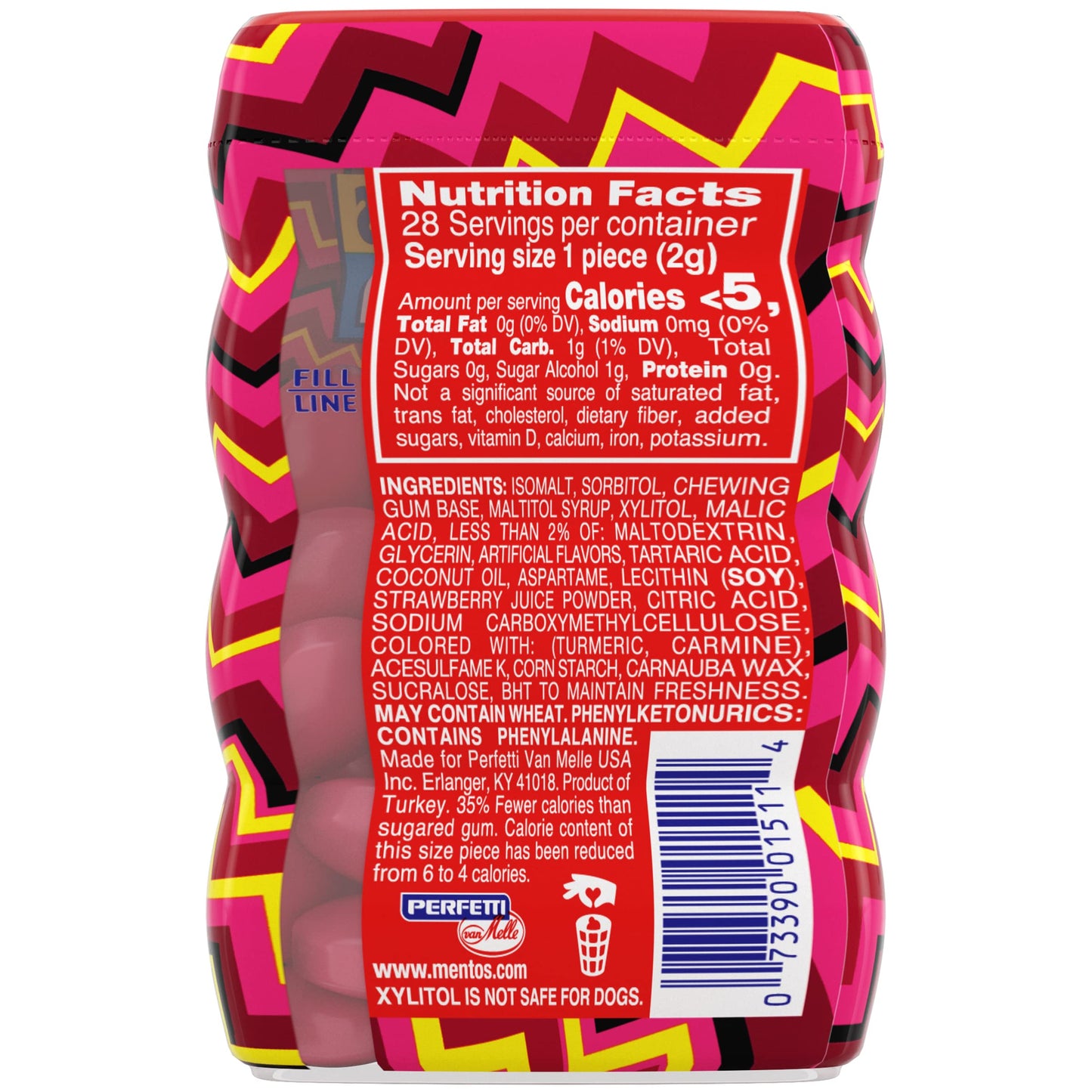 Mentos Sour Sugar-Free Chewing Gum With Xylitol, Sour Strawberry Flavored, 28 Piece Bottle (Pack Of 6)