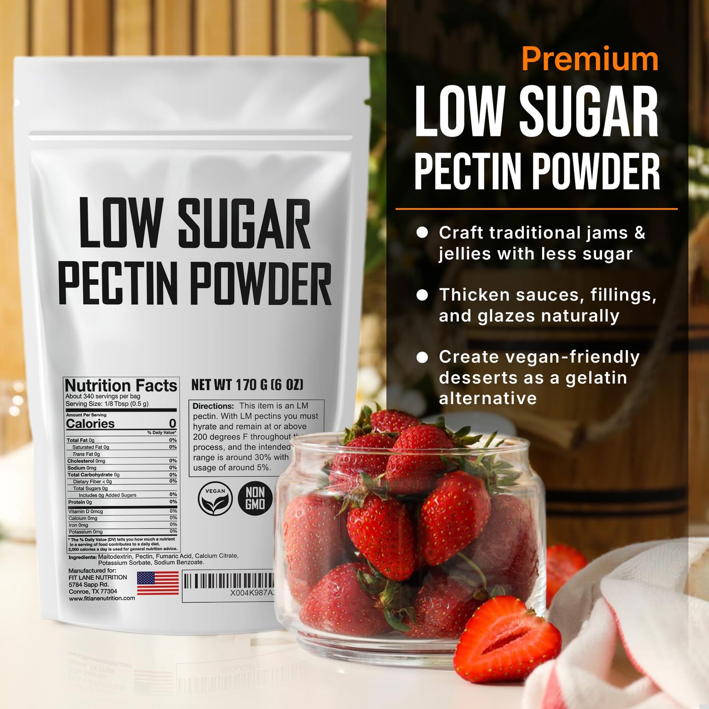Low Sugar Pectin For Canning Jam And Jellies 6 Oz - Natural, Vegan And Non-Gmo - Premium Bulk Ingredient By Fit Lane Nutrition