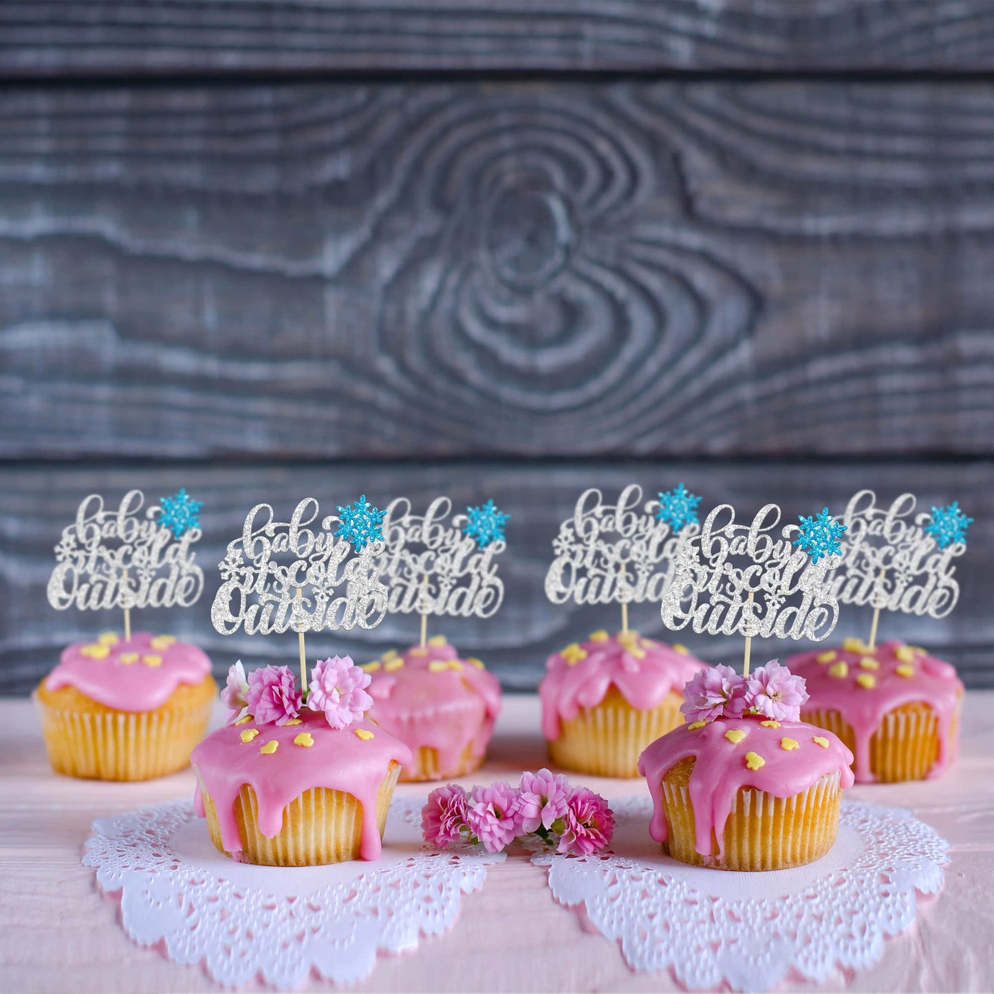 Gyufise 24Pcs Snowflake Baby It's Cold Outside Cupcake Toppers Blue Glitter Silver Baby It's Cold Outside Cupcake Picks for Wint