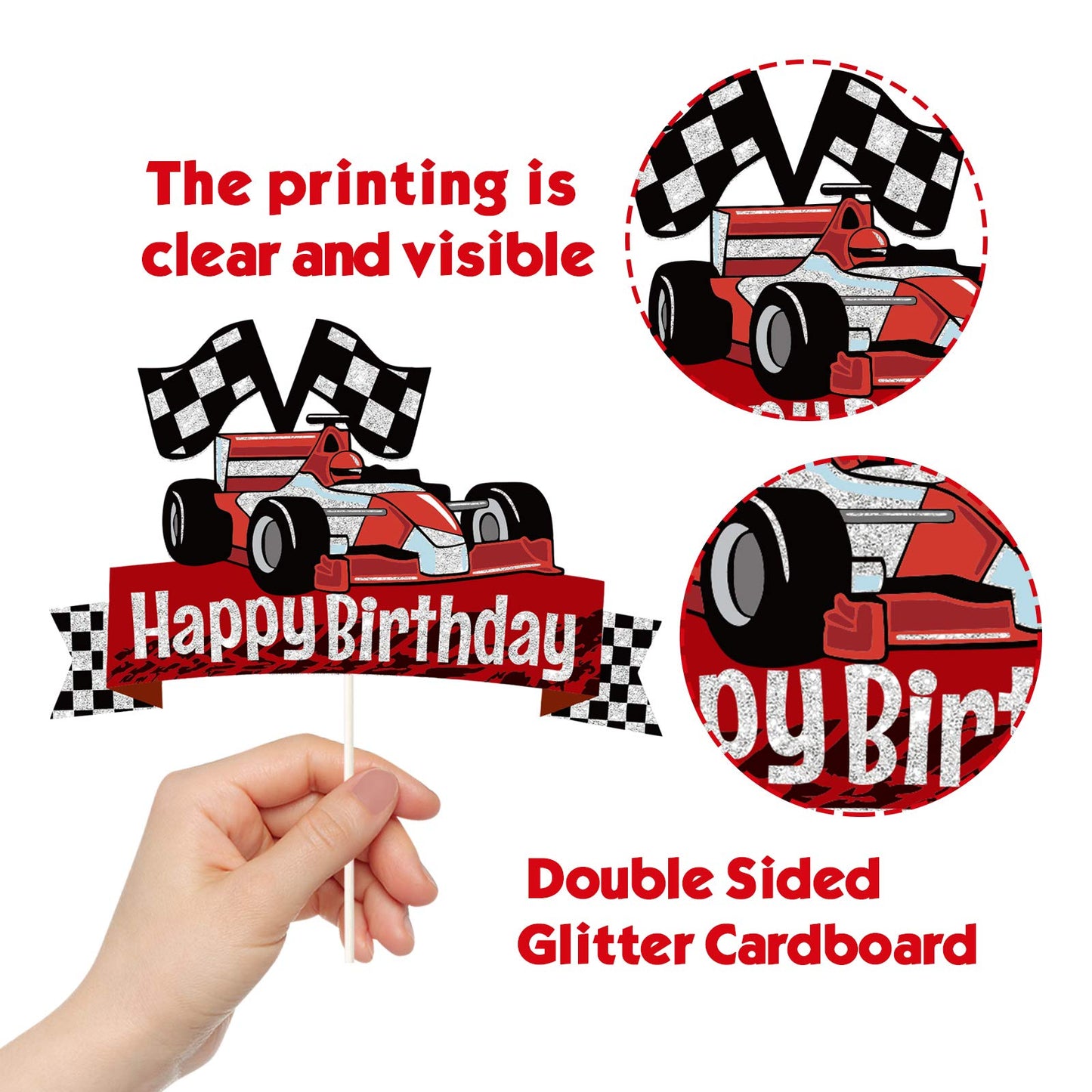 EQ EvaIrisQing Glitter Race Car Cake Topper - Racing Car Theme Party Supplies, Paper Material, Happy Birthday Decor for Boys and Girls