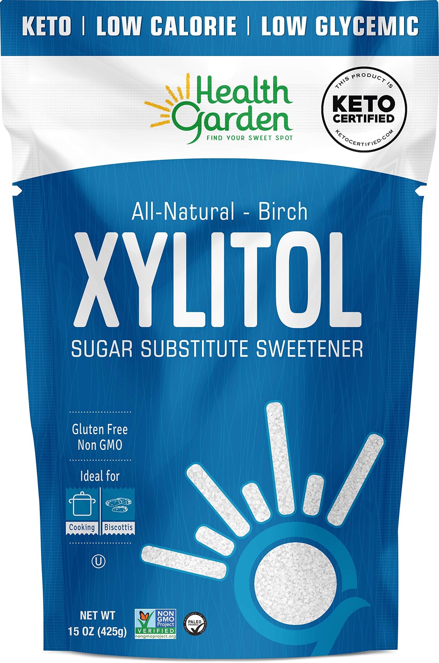 Health Garden Birch Xylitol Sweetener - 15 OZ Resealable Bag - Pure Birch Xylitol - Non GMO, Kosher, and Made in the U.S.A. - Ideal Powdered Sugar Substitute - Non-GMO Sugar Alternative