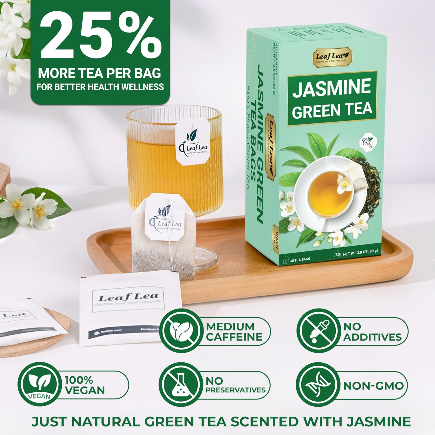 LeafLea 80 Jasmine Green Tea Bags, Green Tea with Natural Jasmine Aroma, Light Focus & Daily Balance, Delicate Floral and Smooth