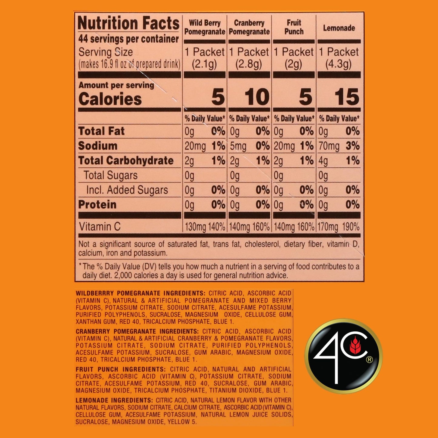 4C Powder Drink Mix Packets, Sugar Free, Variety Pack of 44 Singles Stix, Wild Berry, Cranberry-Pomegranate, Fruit Punch, Lemonade