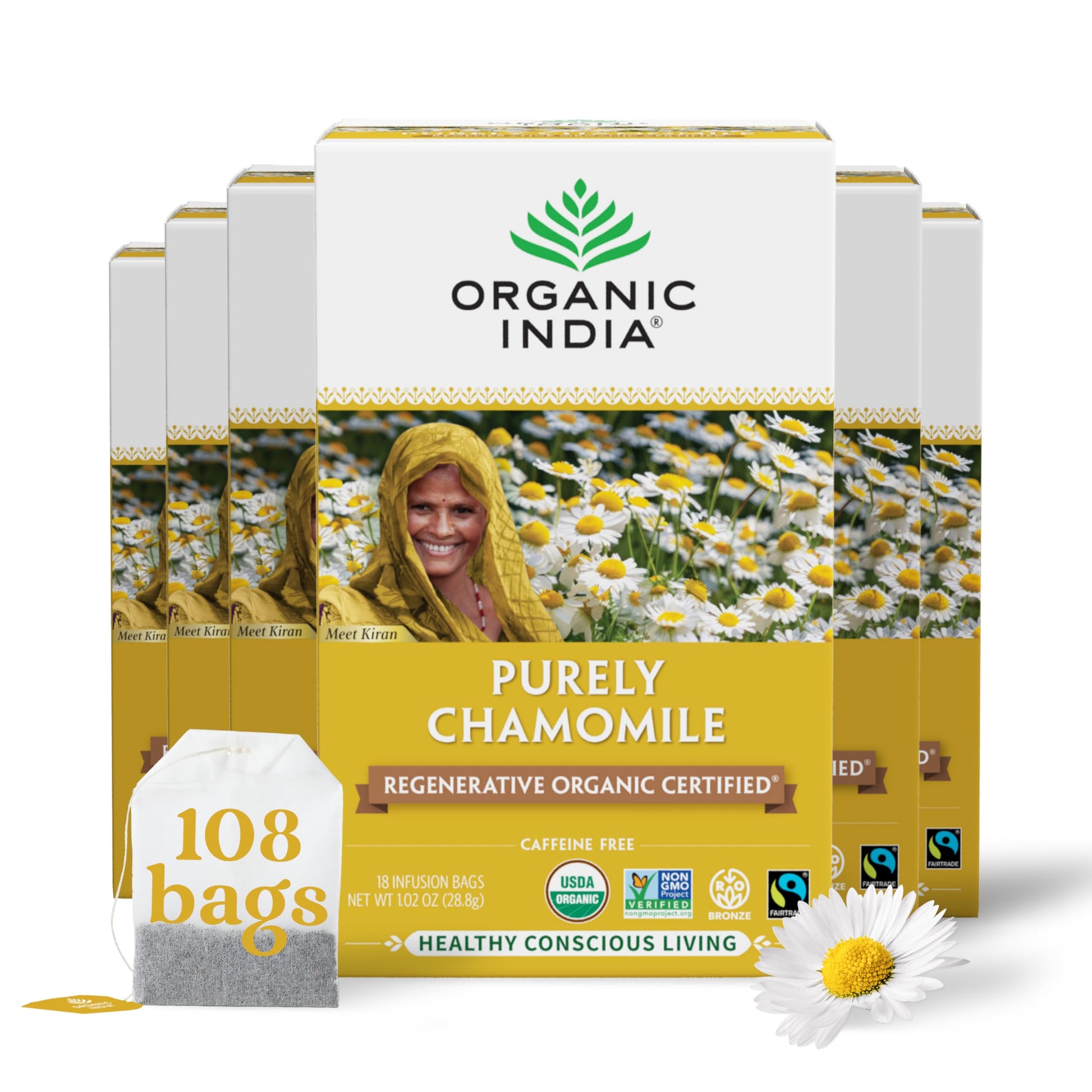 ORGANIC INDIA Chamomile Tea - Caffeine Free, Calming Herbal Tea, 18 Count (Pack of 6)