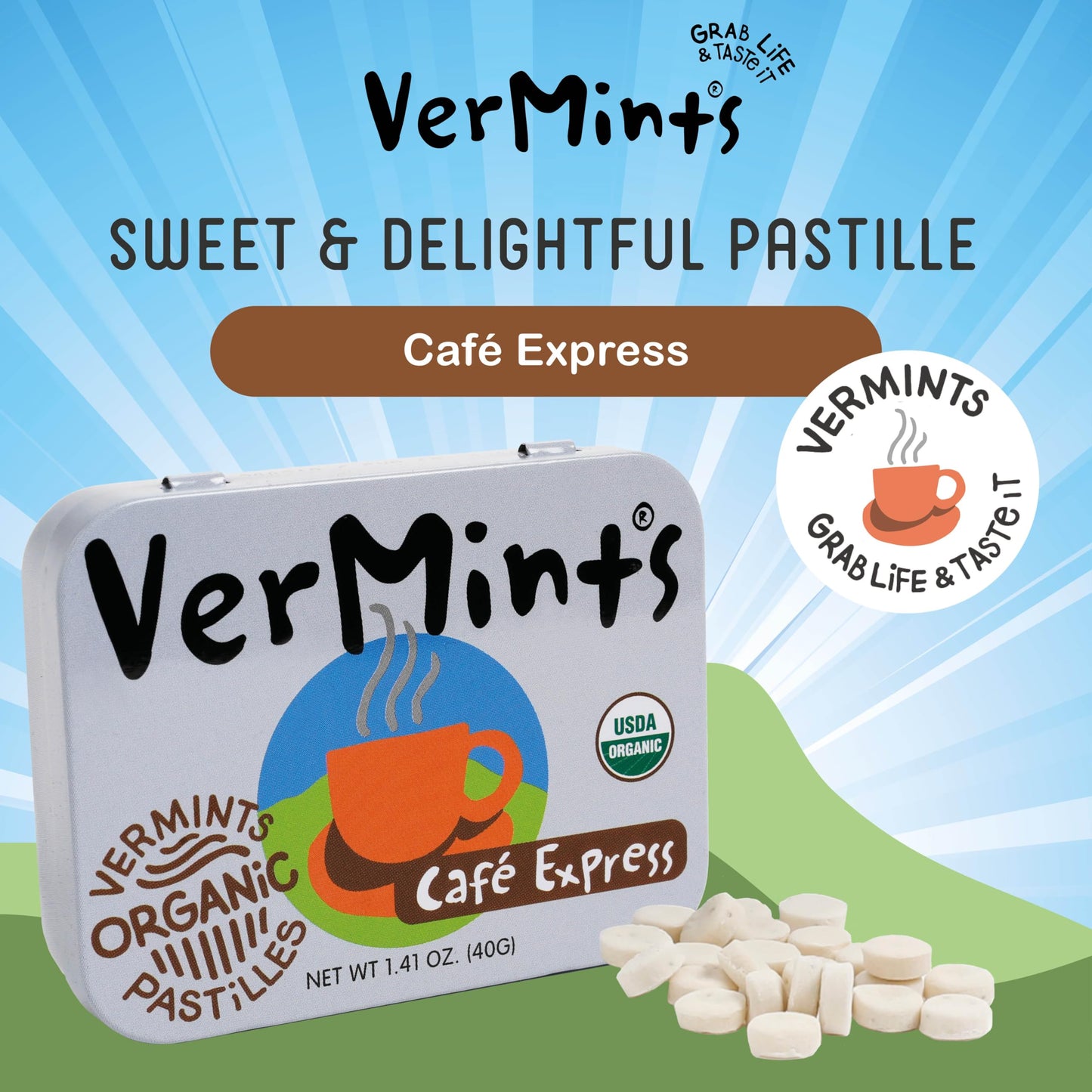 Organic Breath Mints By Vermints, Café Express Coffee Flavor, All Natural Pastilles, Non-Gmo, Nut Free, Gluten Free, Vegan, Ksa Kosher, Pack Of 6, 1.41Oz Tins