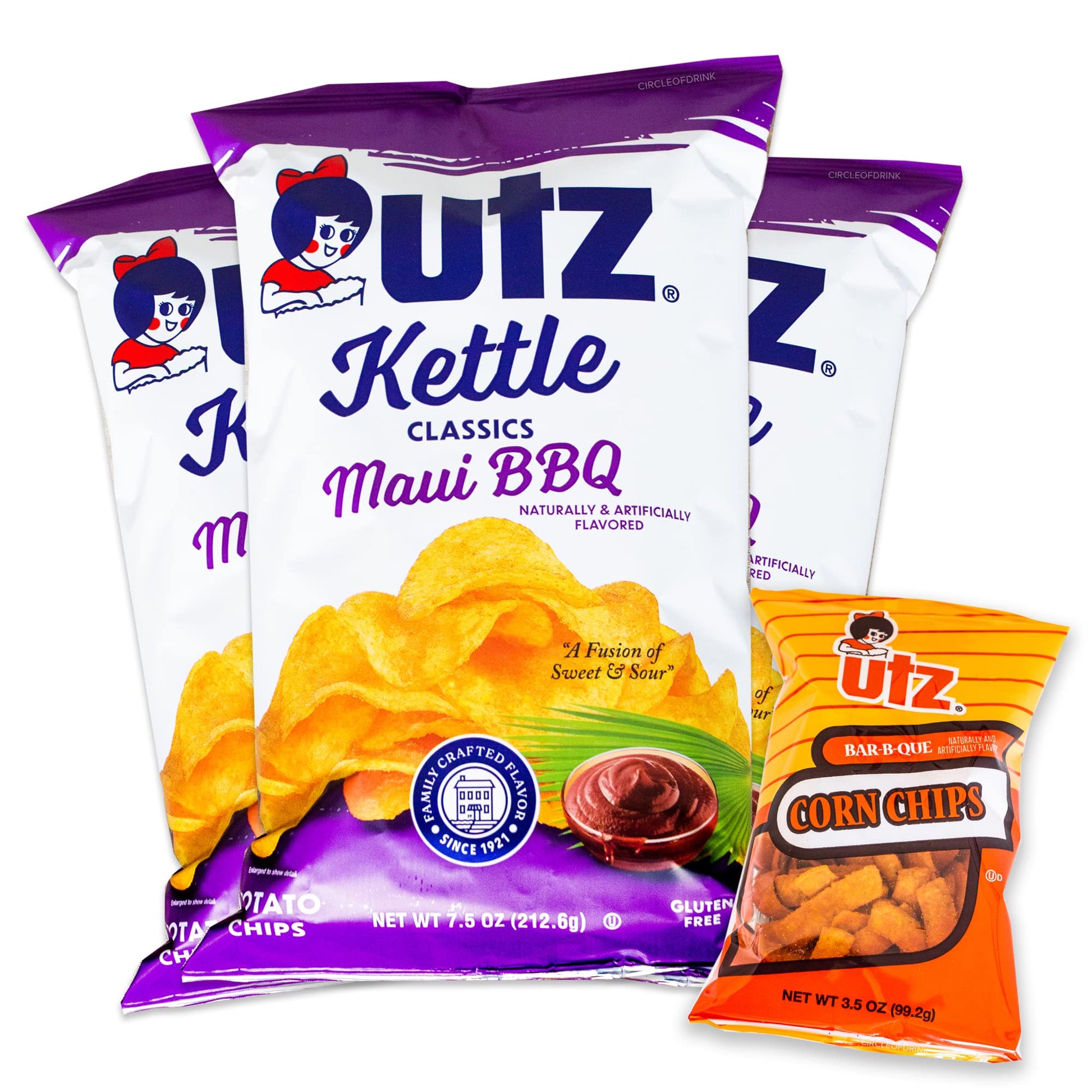 Utz Maui BBQ Kettle Chips (3. 7.5oz bags) - Sweet and Sour Fusion - Utz BBQ Corn Chips (1, 3.5oz) - 4 Items Total