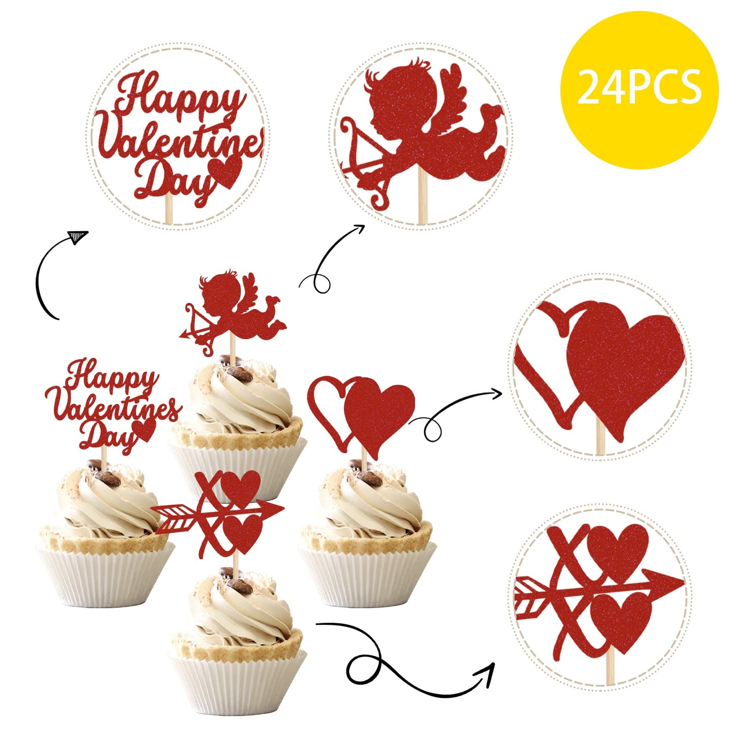 ZHUOWEISM 24 PCS Cupcake Toppers Glitter Heart XOXO Cupid Design 2 Red Bamboo Small Party Decorations