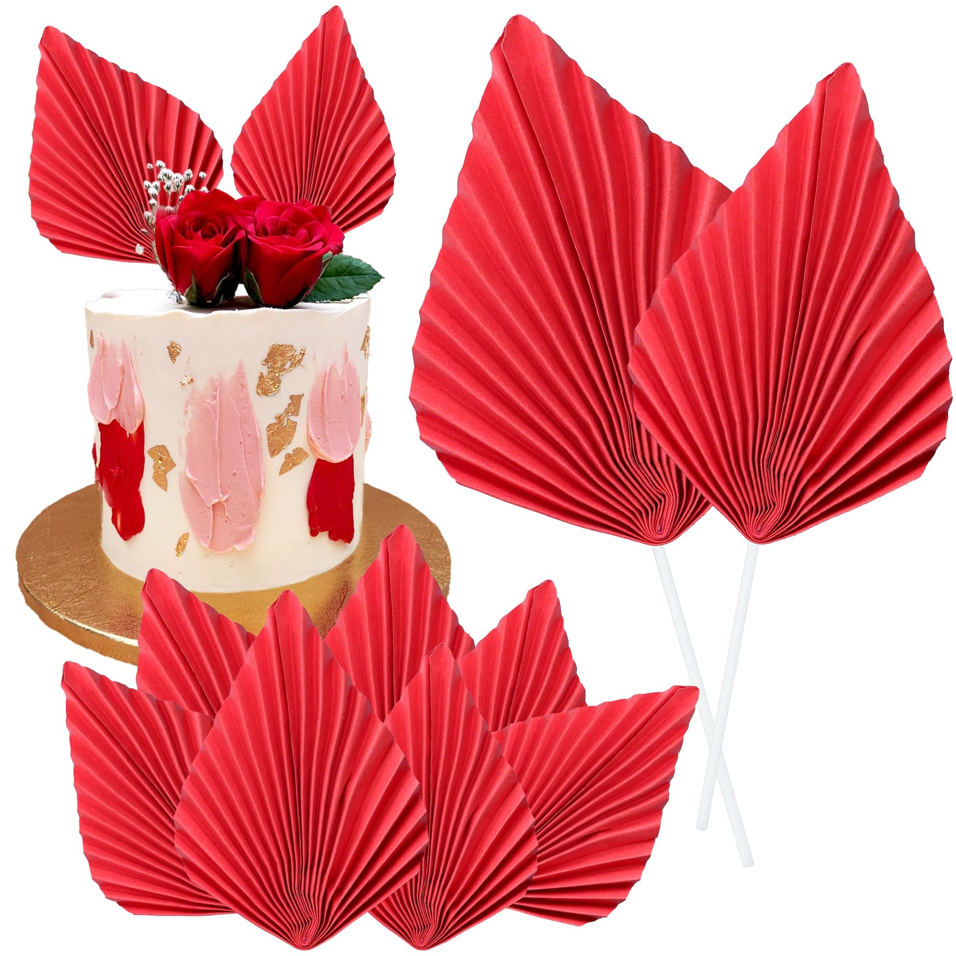 Gyufise Paper Palm Fan Cake Toppers, Red, 4.7x5.1 inches, Model ZN0680-2, Ideal for Birthday and Wedding Party Decorations