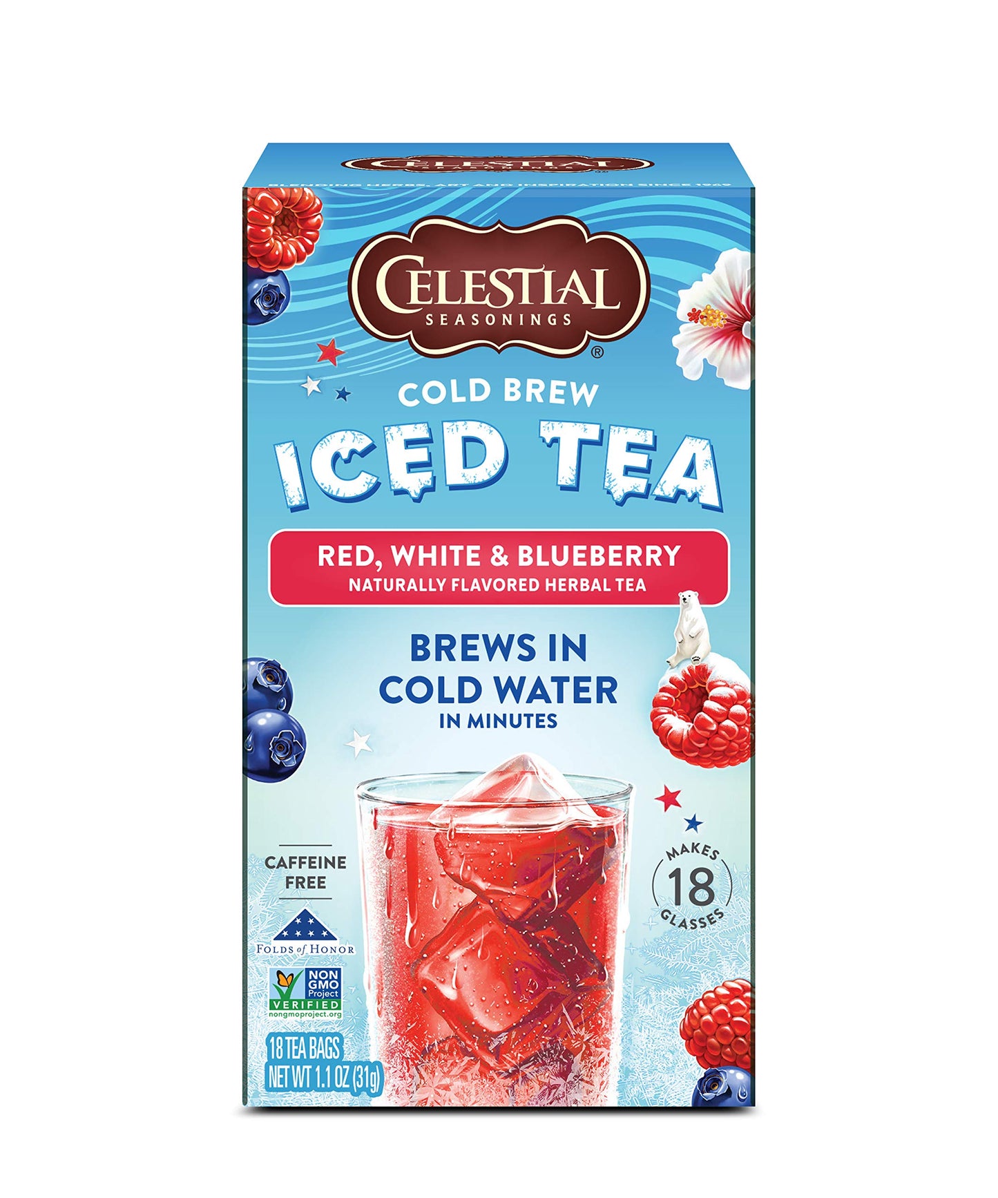 Celestial Seasonings Cold Brew Iced Tea, Red, White & Blueberry, Caffeine Free, 18 Count (Pack of 6)
