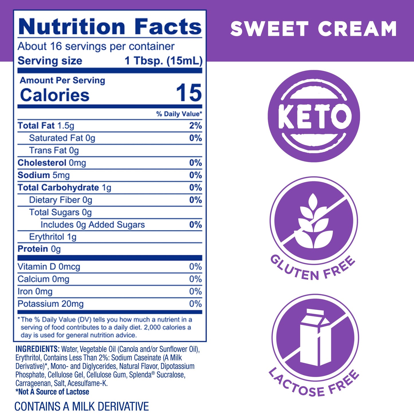 Splenda Sugar Free, Low Calorie Sweet Cream Coffee Creamer, 8 Fl Ounces Bottle