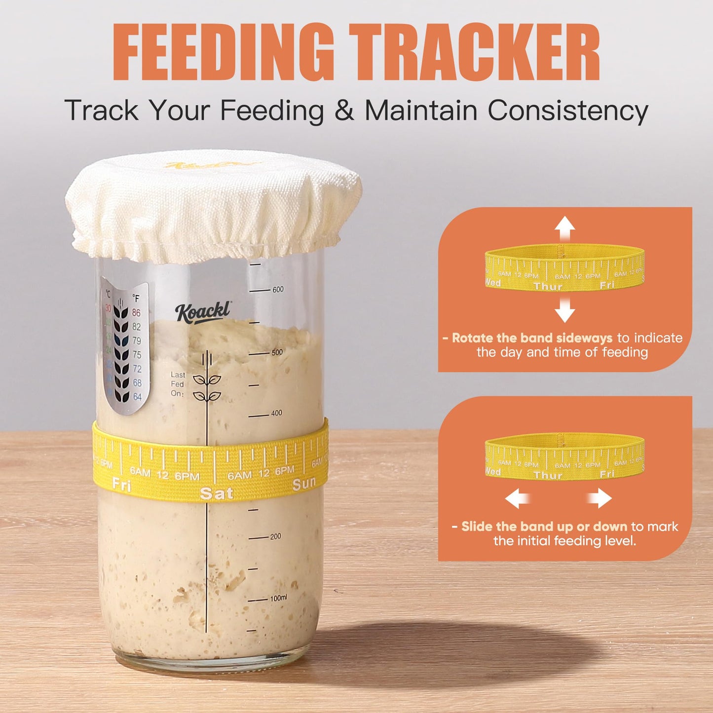 Koackl Sourdough Starter Kit, 24oz Sourdough Starter Jar with Magnetic Bread Lame, Thermometer, Long Scraper, Cloth Cover & Lid