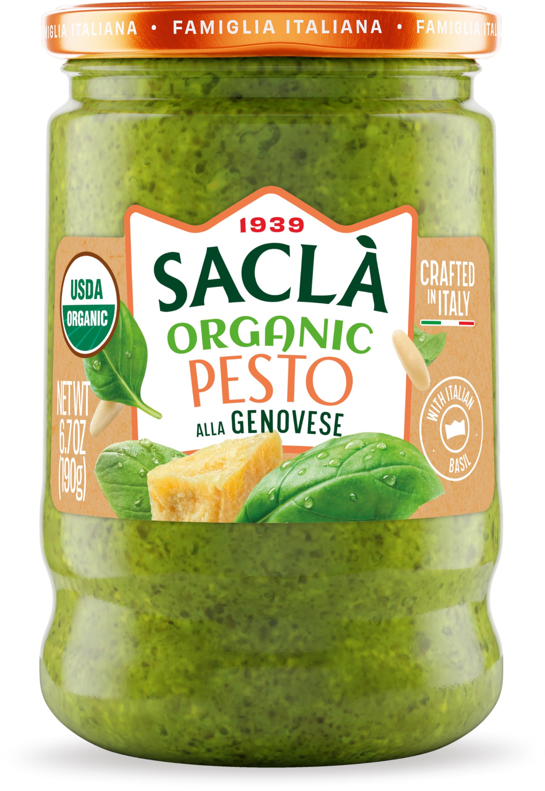 SACLA Organic Basil Pesto alla Genovese | USDA-Certified Organic Pesto Sauce made from Fresh Italian Basil & Cashews | 6.7 oz Gl