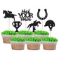 Gyufise 24Pcs Kentucky Derby Cupcake Toppers Black Glitter Equestrian Horse Cake Decorations Horse Cupcake Picks For Sports Eque