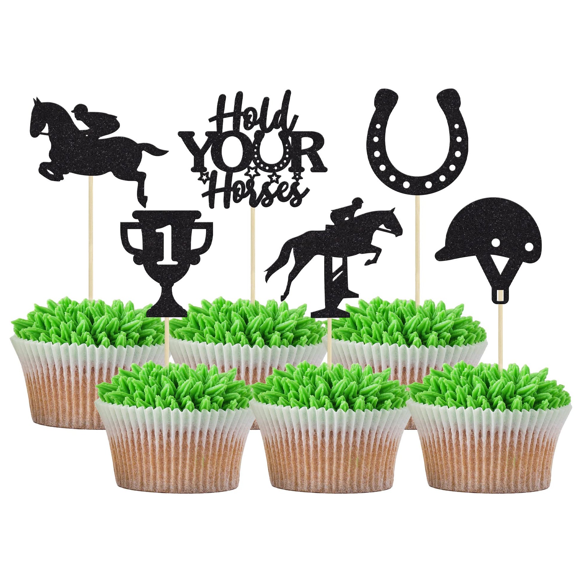 Gyufise 24Pcs Kentucky Derby Cupcake Toppers Black Glitter Equestrian Horse Cake Decorations Horse Cupcake Picks For Sports Eque
