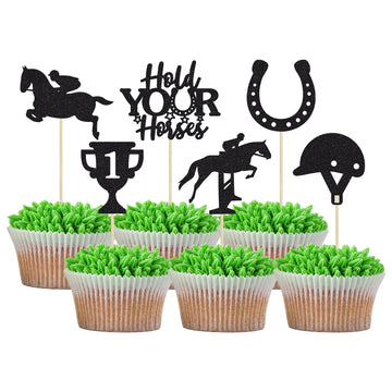 Gyufise 24Pcs Kentucky Derby Cupcake Toppers Black Glitter Equestrian Horse Cake Decorations Horse Cupcake Picks For Sports Eque