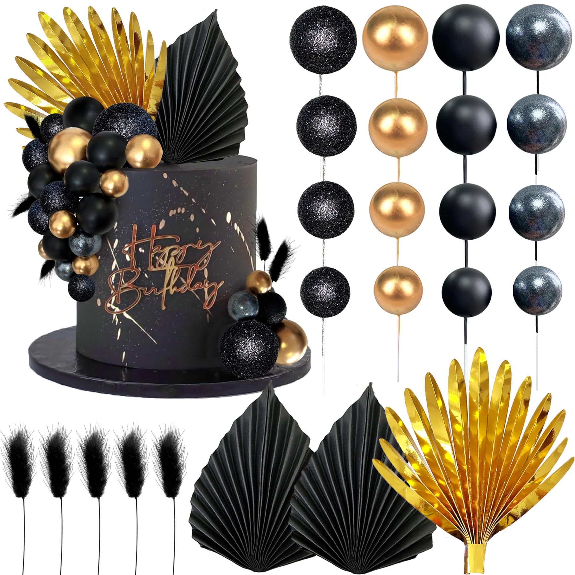 Balls Cake Toppers Palm Leaves Cake Decorations For Birthday Wedding Baby Shower Party Supplies (Black)
