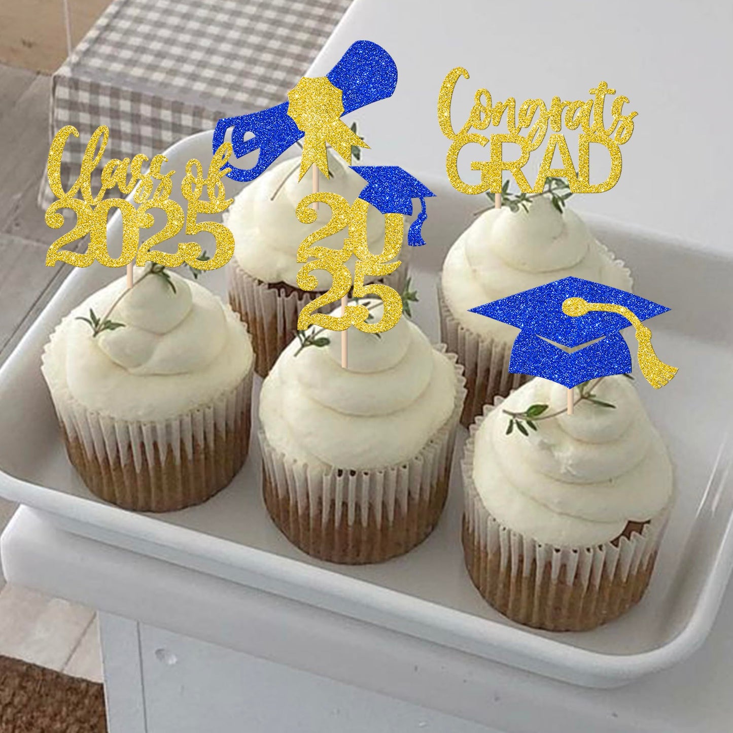 YCTHUNFISH 30 Pack Graduation Cupcake Toppers, Gold Blue Glitter, Bamboo Picks for Class of 2025 Party Decorations
