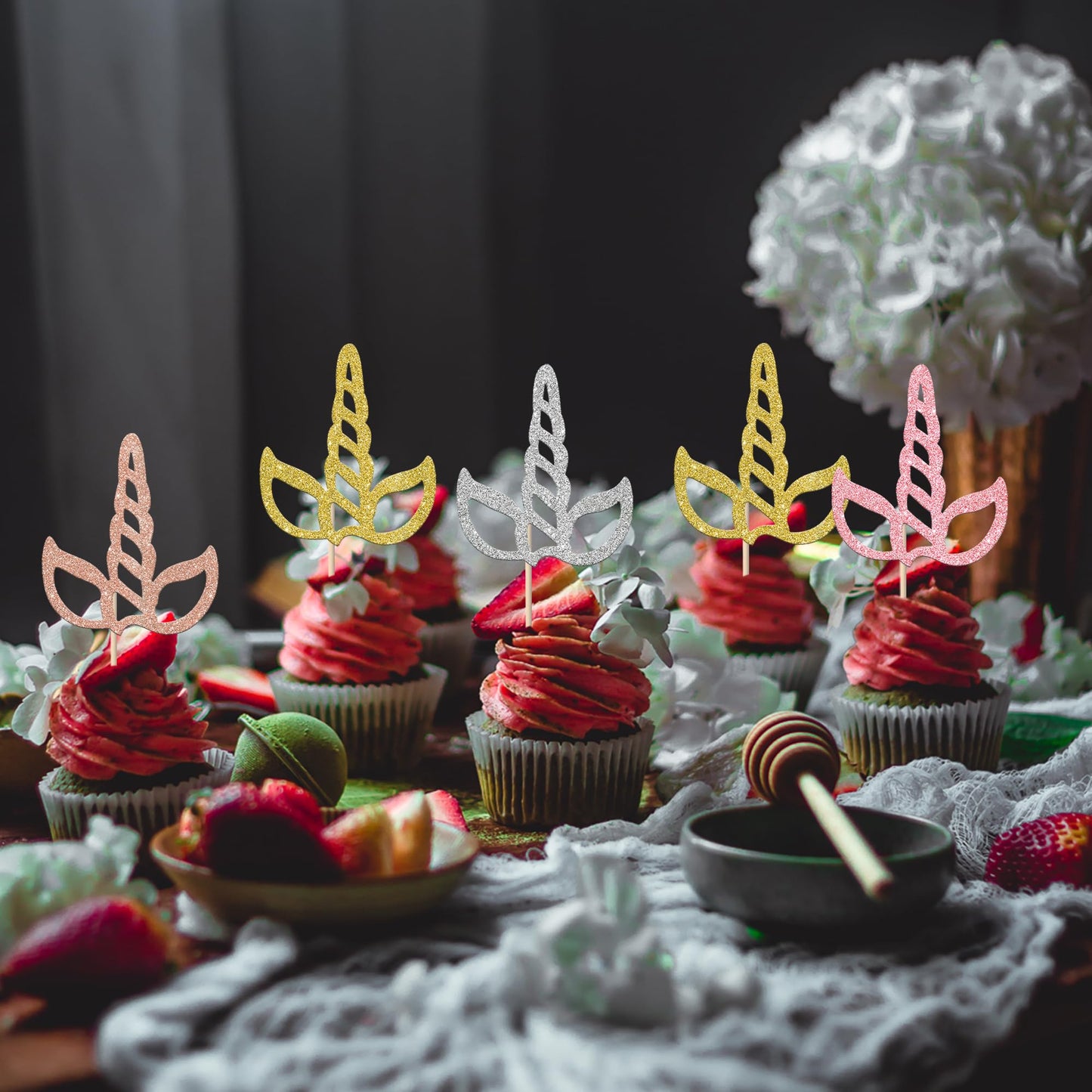Rssta i Unicorn Horn Cupcake Toppers - 24 Pack Glitter Decorations for Baby Shower or Birthday Party - Multi-Design, Paper