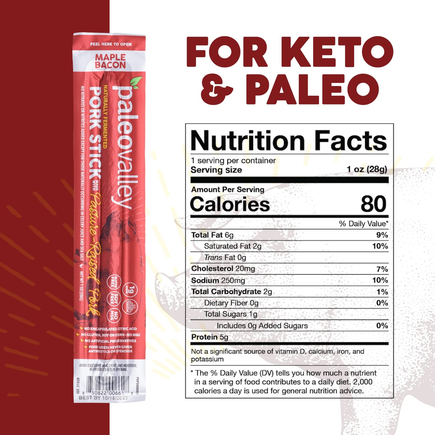 Paleovalley Pasture-Raised Pork Sticks - Maple Bacon Flavor Meat Sticks Individually Wrapped, 28G - 10 Sticks - Gluten-Free Prot