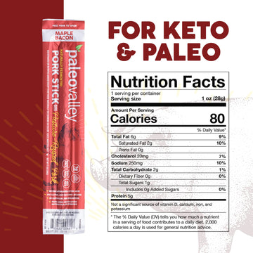 Paleovalley Pasture-Raised Pork Sticks - Maple Bacon Flavor Meat Sticks Individually Wrapped, 28G - 10 Sticks - Gluten-Free Prot