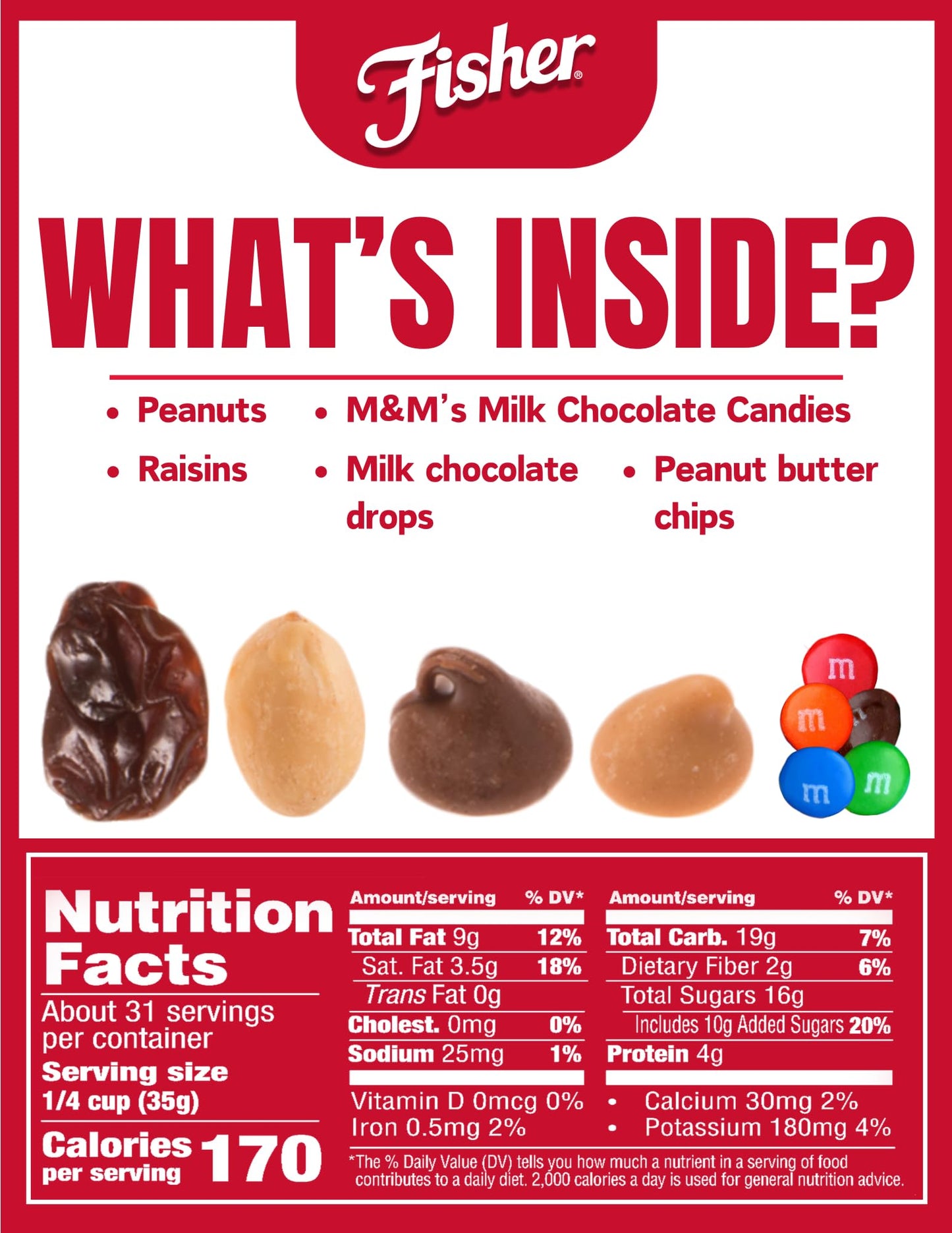 Fisher Snack Indulgent Trail Mix, 38 Ounces, Peanuts, Milk Chocolate Candies, Raisins, Milk Chocolate Drops, Peanut Butter Chips