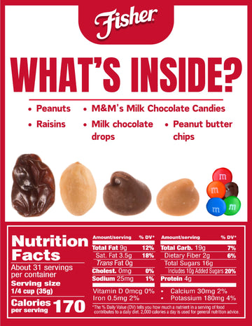 Fisher Snack Indulgent Trail Mix, 38 Ounces, Peanuts, Milk Chocolate Candies, Raisins, Milk Chocolate Drops, Peanut Butter Chips