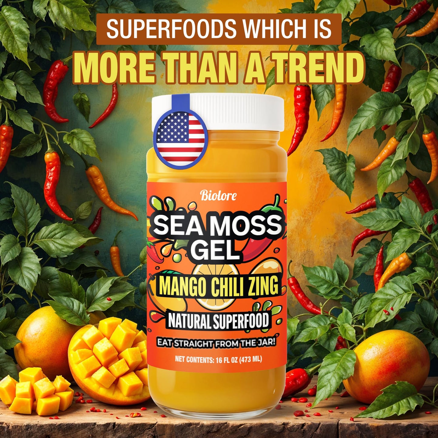 Biolore Mango Chili Zing Sea Moss Gel 16 Oz - No Added Sugar, Vegan, Made In Usa - Wildcrafted Sea Moss Superfood With 92 Essential Vitamins - Ready To Use, No Prep Needed