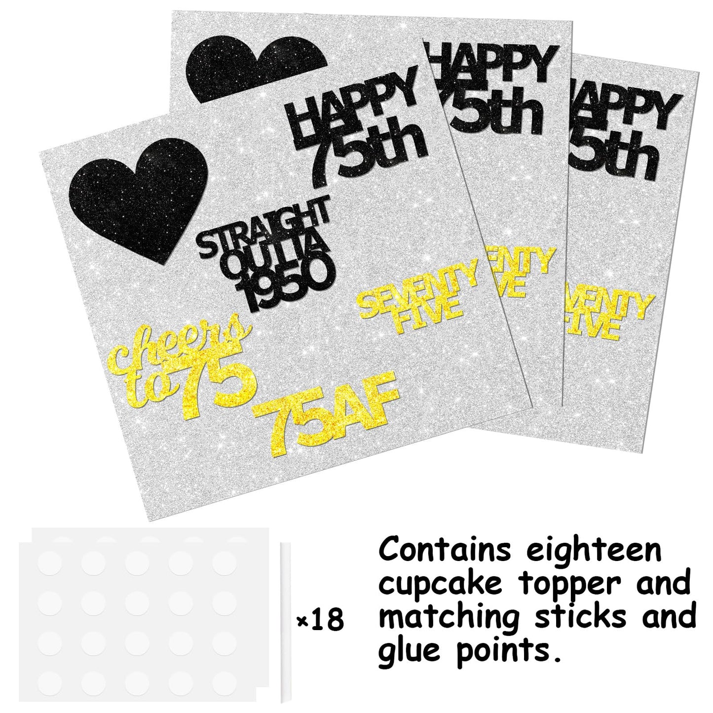18Pcs Black Gold Glitter Dessert Cupcake Pick For Straight Outta 1950 Cheer To 75 Years Old Theme Decor Supplies Happy 75Th Birt