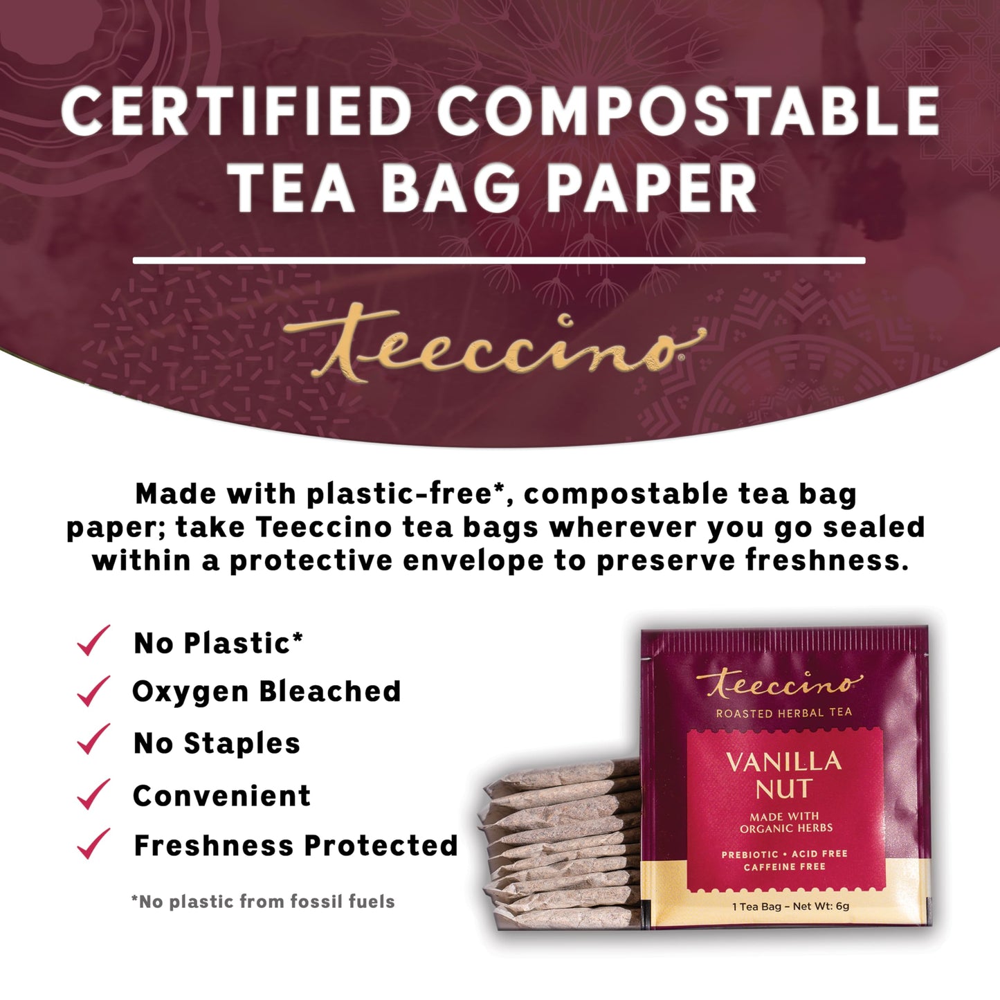 Teeccino Vanilla Nut Herbal Tea - Caffeine-Free, Prebiotic, 10 Bags (Pack of 6)