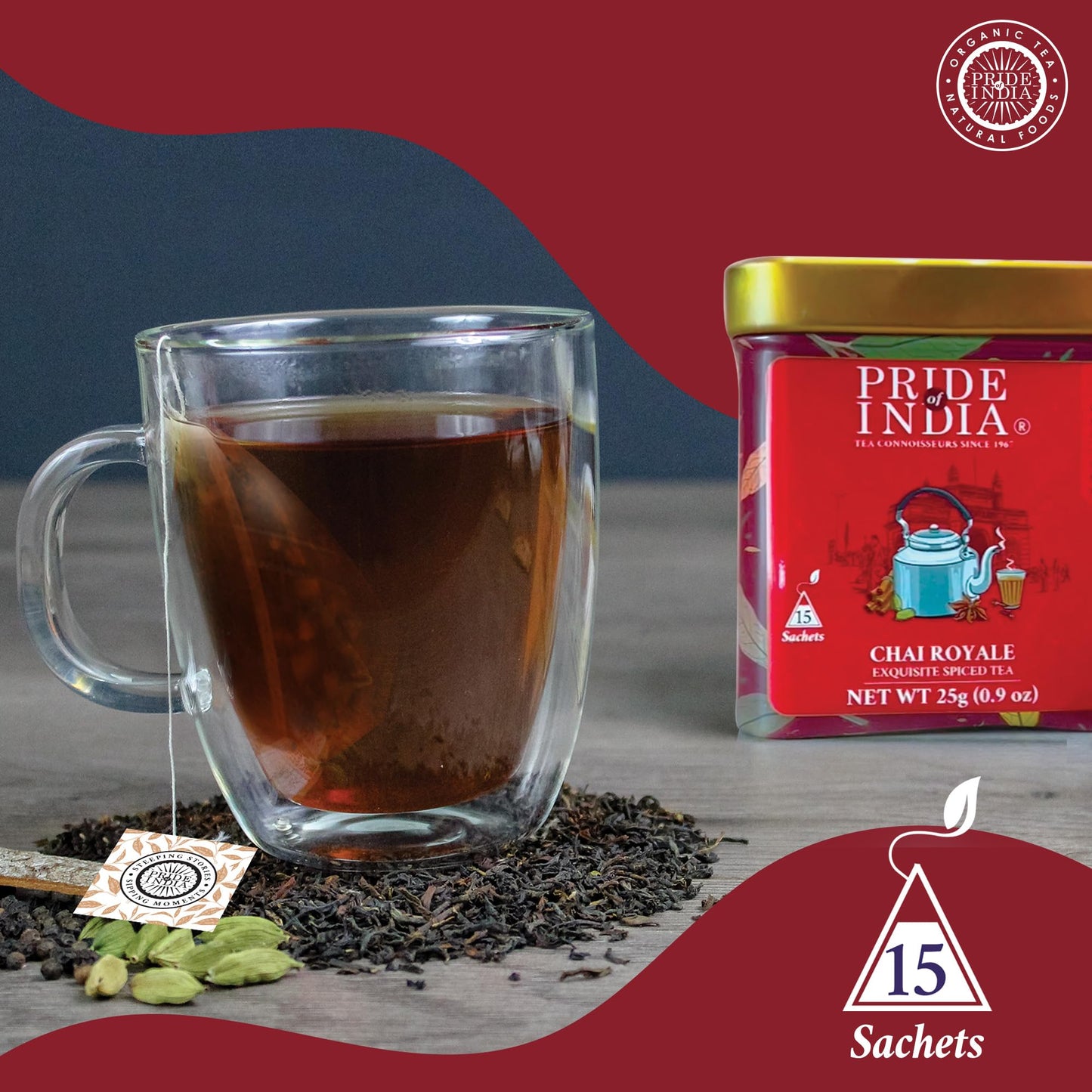 Pride Of India | Chai Royale Exquisite Spiced Tea 1 Oz (28.3 Gm) | 15 Pyramid Full Leaf Individually Wrapped Tea Bags | 100% Natural Blend Of Black Tea & Spices |Bold & Spicy Flavor
