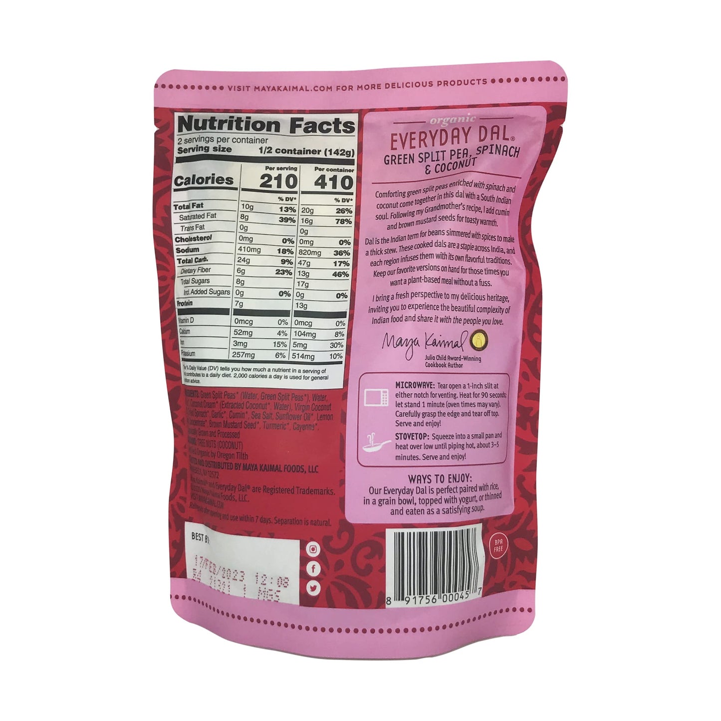 MAYA KAIMAL Organic Green Split Peas, Spinach & Coconut Everyday Dal, 10 OZ