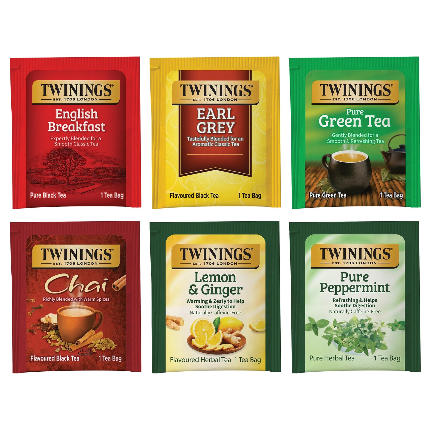 Twinings Variety Pack Tea Bags, English Breakfast, Earl Grey, Lemon Ginger, Peppermint, Green & Chai, 25 Count (Pack of 6)