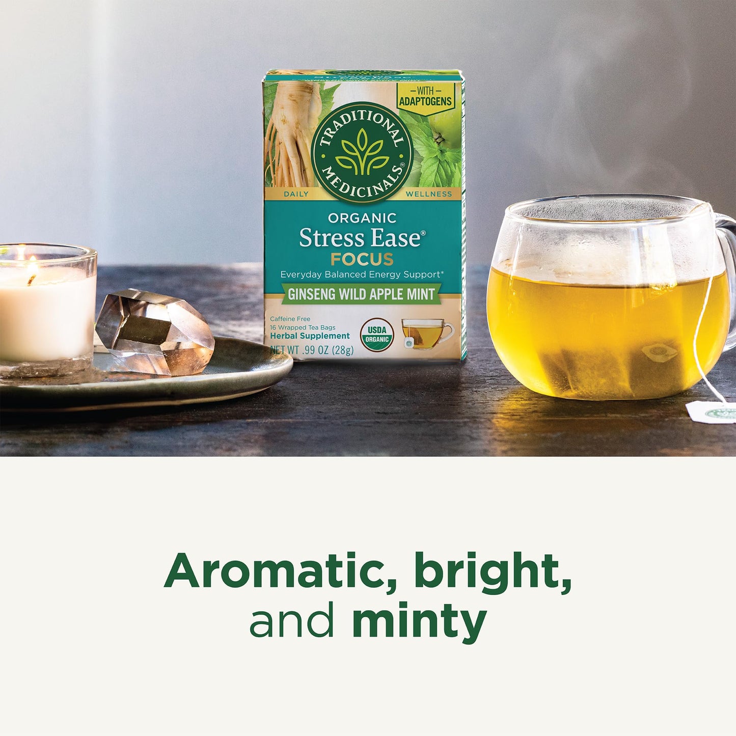 Traditional Medicinals Tea, Organic Stress Ease Focus, with Adaptogens, Everyday Balanced Energy, Ginseng Wild Apple Mint, 96 Te