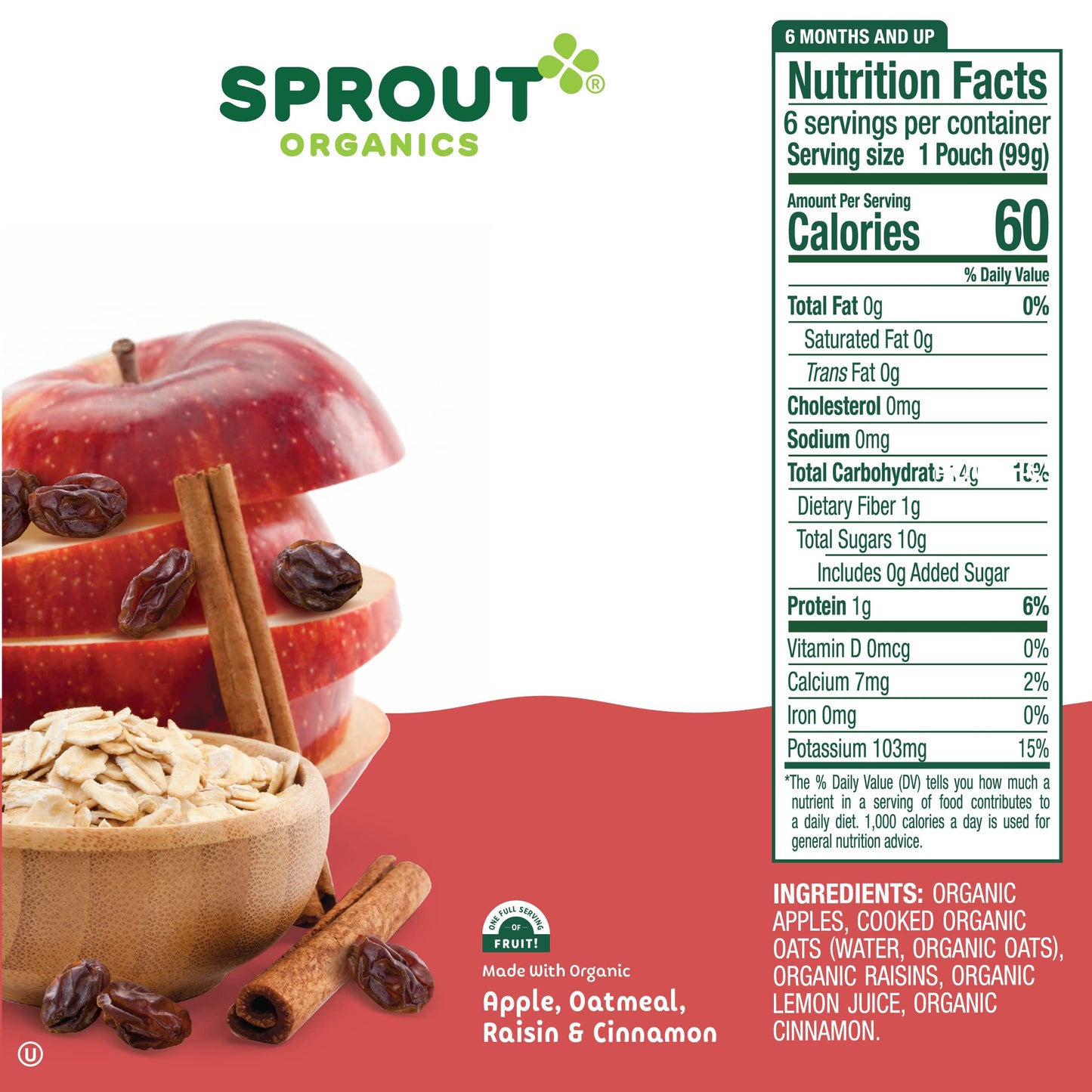 Sprout Organic Baby Food, Stage 2 Pouches, Apple Oatmeal Raisin With Cinnamon, 3.5 Oz Purees (Pack Of 12)
