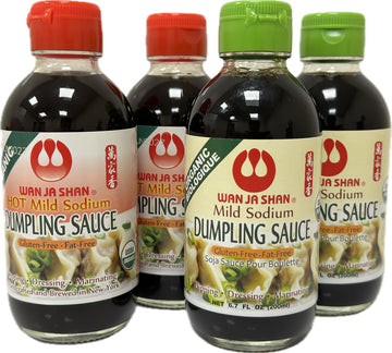 Wan Ja Shan Organic Dumpling Sauce, Gluten Free, Fat Free, Mild Sodium, Variety Pack of 4, 6.7 Oz Each, Made in USA