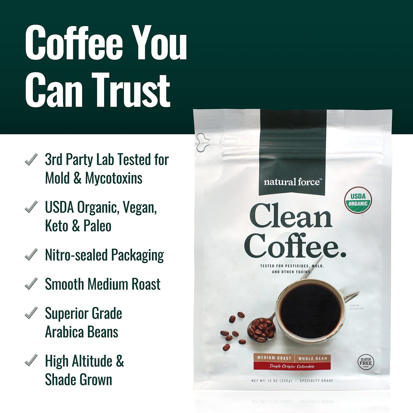 Natural Force - Organic Clean Coffee Classic  Mold & Mycotoxin Free  Lab Tested for Toxins & Purity  Low Acidity  Incredible Taste & Aroma  Whole Bean Medium Roast  12 oz
