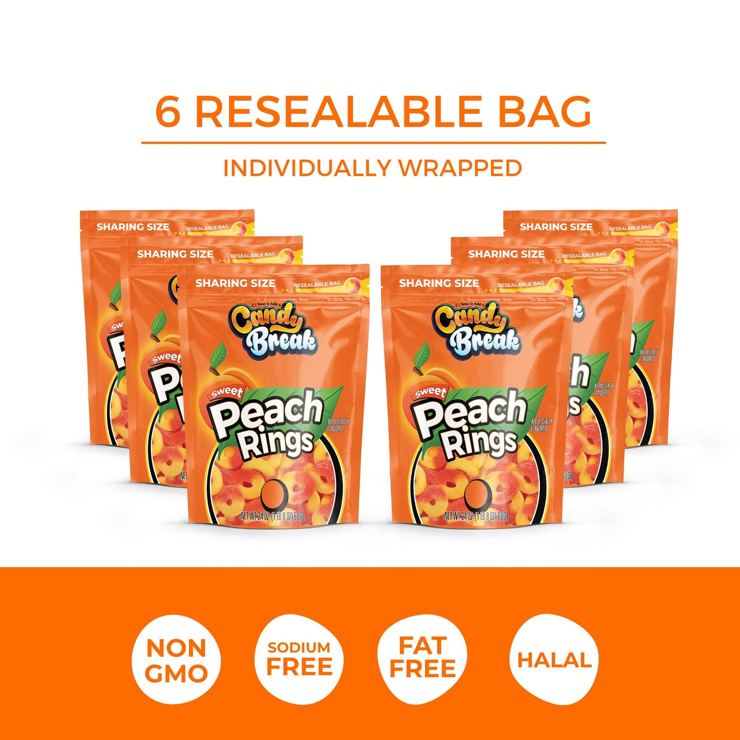 Candy Break Fruity Peach Rings 24 Oz Share Size Bag Pack Of 6 - Sweet & Chewy Gummies Bulk Candy Pack - Snacks For Kids & Grown