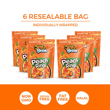 Candy Break Fruity Peach Rings 24 Oz Share Size Bag Pack Of 6 - Sweet & Chewy Gummies Bulk Candy Pack - Snacks For Kids & Grown