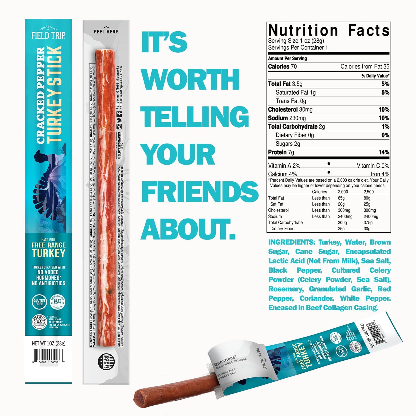 Field Trip Turkey Jerky Snack Sticks,  ed Pepper, High Protein, Gluten Free, 1oz, 24 Pack