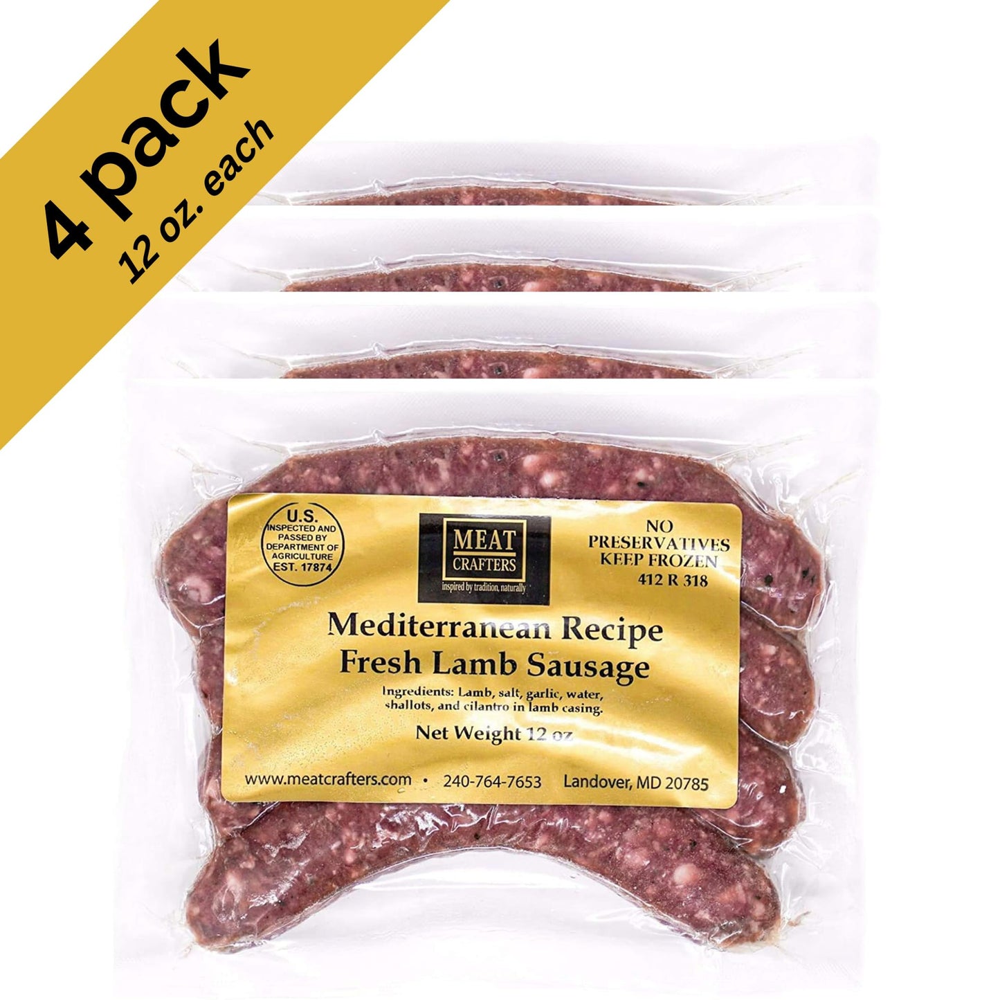 Meatcrafters Mediterranean Lamb Sausage, No Antibiotics, Preservative Free, 12Oz (4-Pack, 16 Total Links)